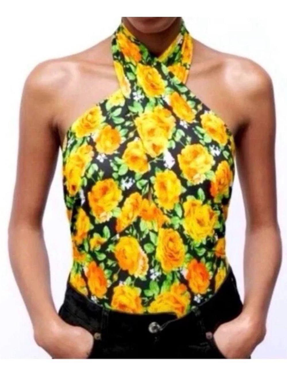 Zara Twist Neck Floral Halter Bodysuit Small NWT Yellow Roses 0264/455 Stretch⁠